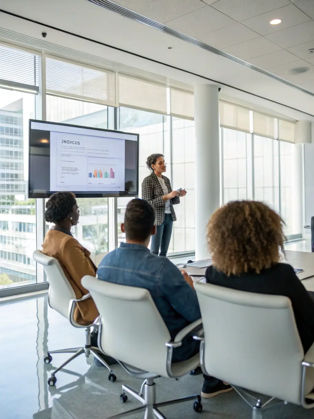 A branding expert presenting a new logo and brand guidelines to a client, showcasing the visual identity and brand messaging.